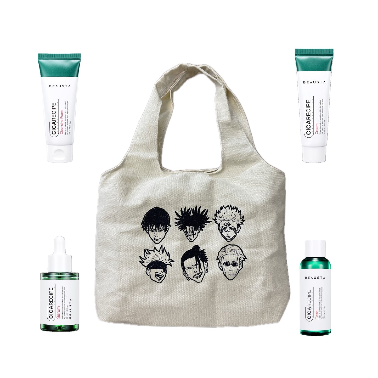 Promo Deal: Gift Set — Beausta Pack of 4 + Tote Bag (for anime Jujutsu Kaisen fans Gojo Geto Nanami Yuji Megumi Nobara Toji Sukuna Choso )