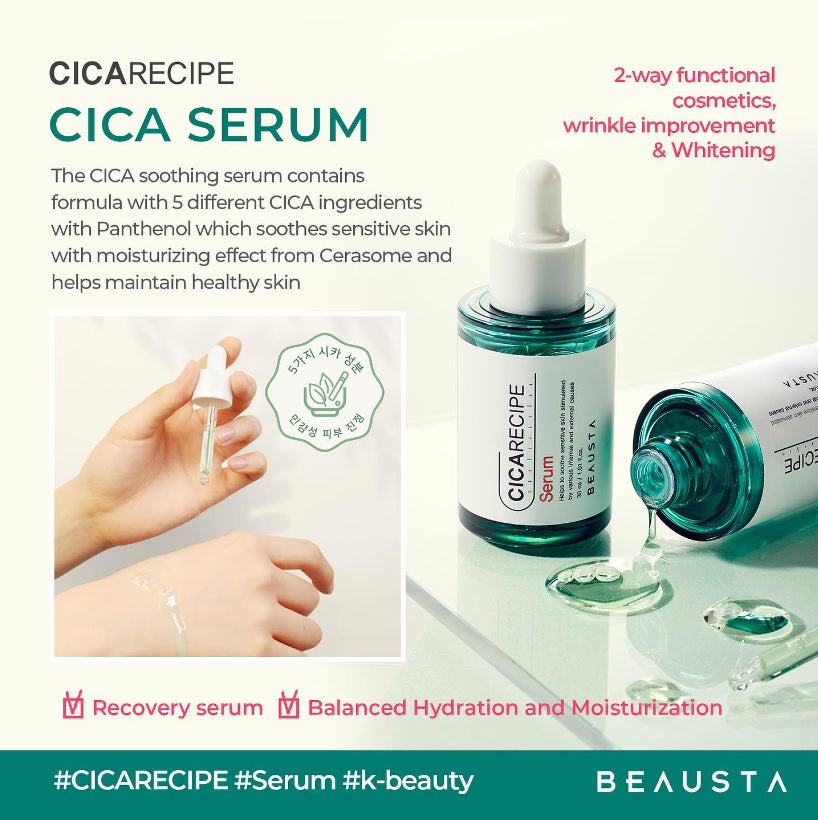 3 BEAUSTA Cicarecipe SERUM - Korean Centella Extract for Deep Hydration and Soothing Sensitive Skin, 30 ml